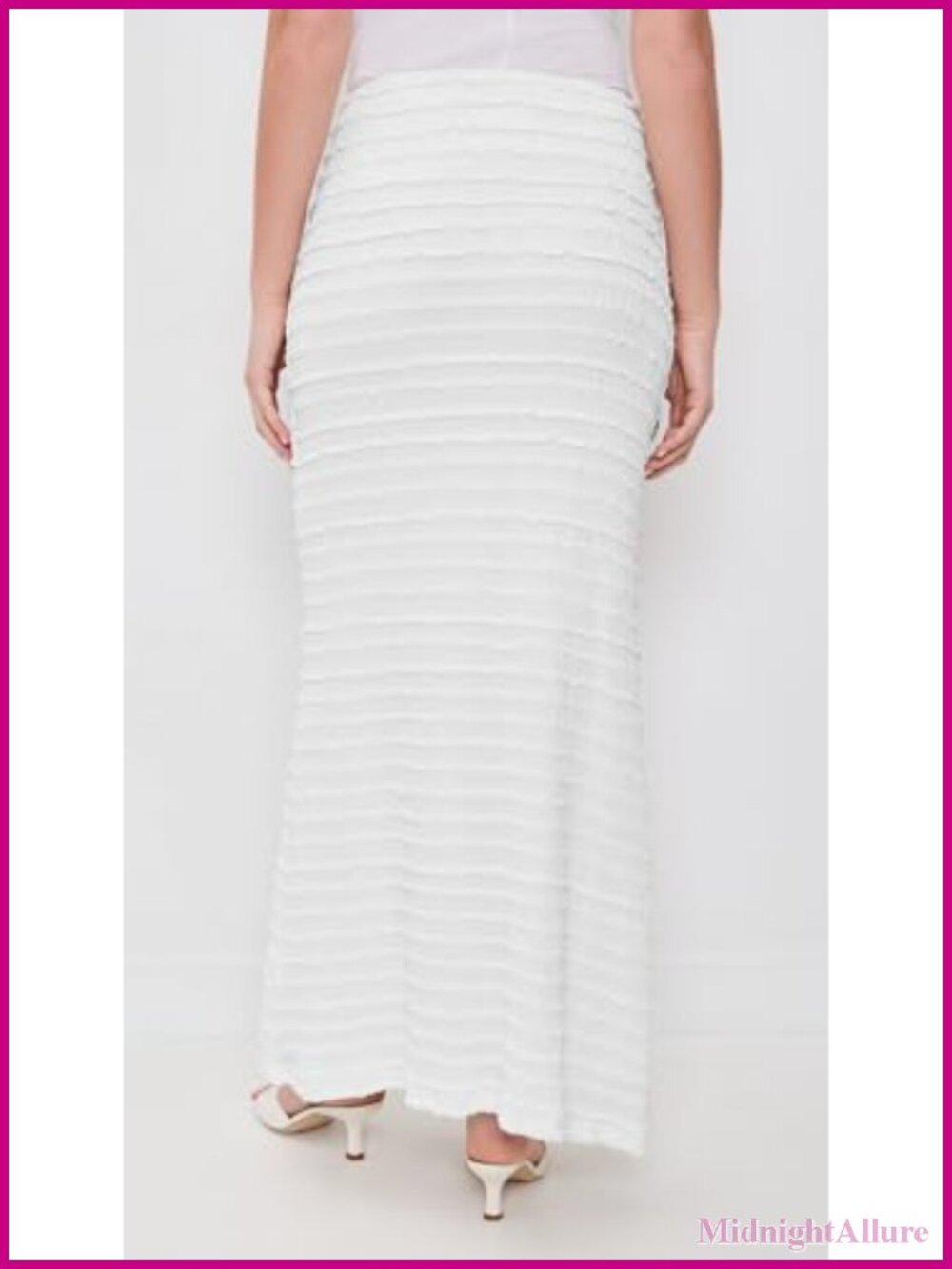 Ruffle Maxi Skirt High Rise Ruched Texture Knit Drawstring - Picture 3 of 5